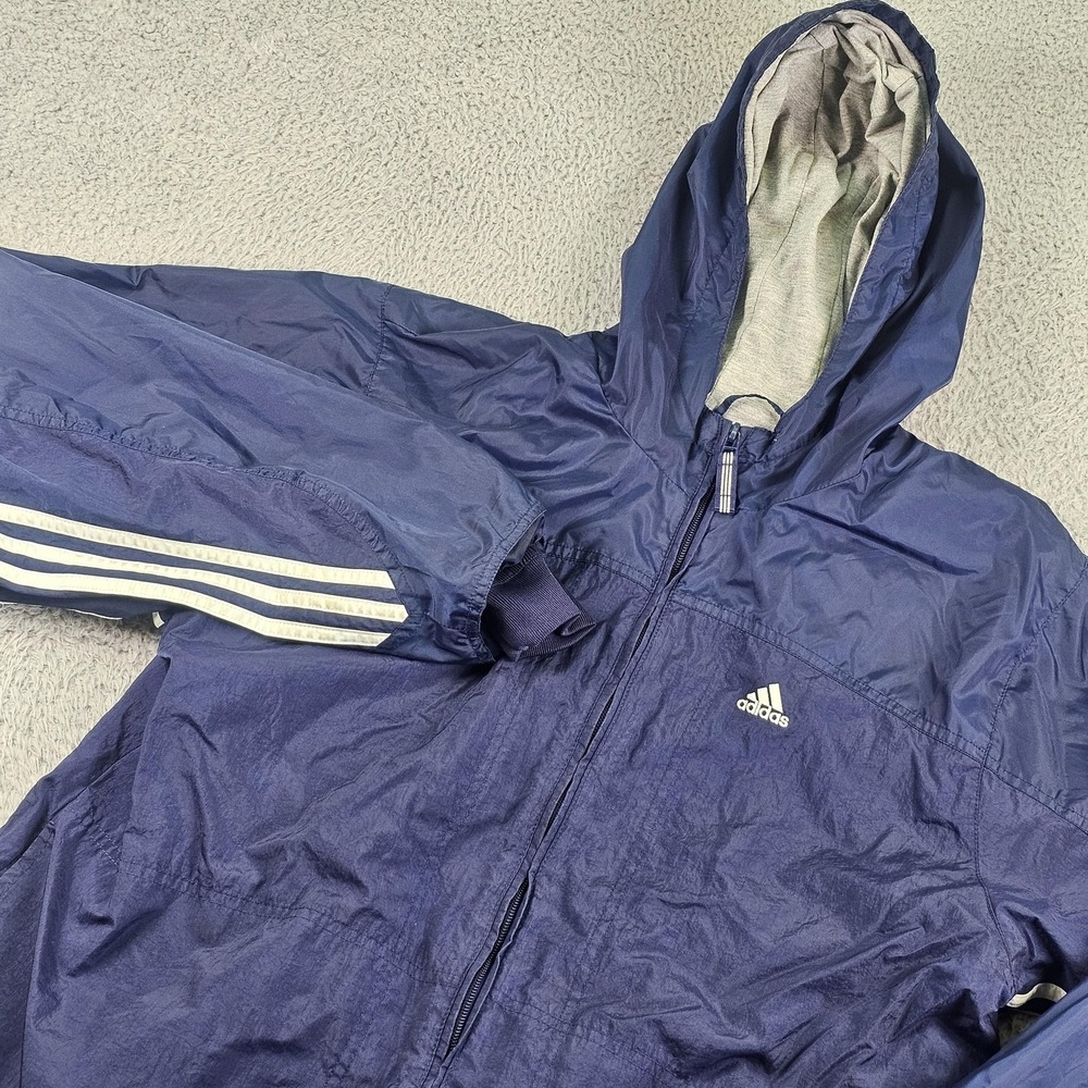Vintage Adidas Jacket Mens XL Blue Hooded Windbreaker Full Zip 3 Stripes 2000s